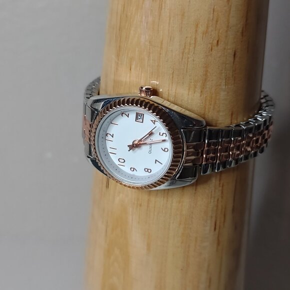 6 Inch Two Tone Metal Stretch Watch With White Dial - Picture 2 of 12